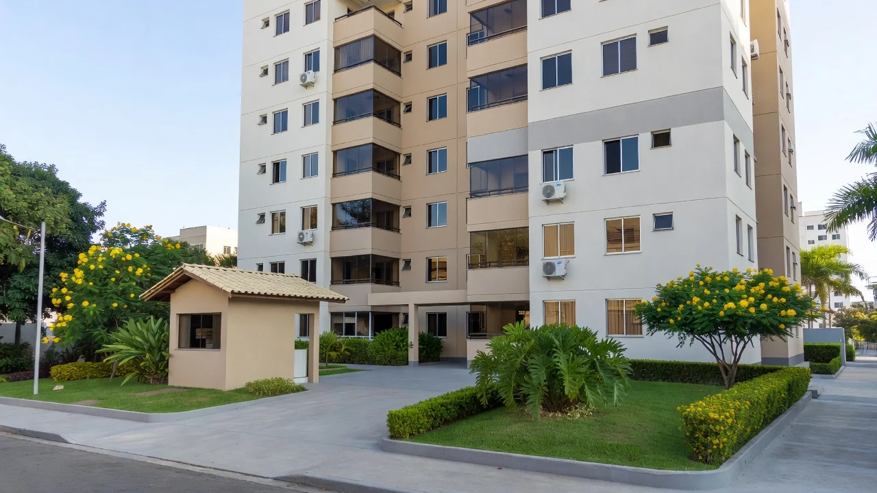 Condomínio residencial brasileiro com prédio de apartamentos e área de entrada