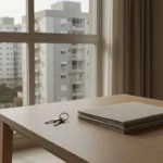 Apartamento brasileiro moderno com chaves e documentos de aluguel sobre a mesa