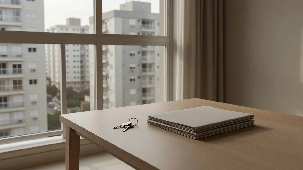 Apartamento brasileiro moderno com chaves e documentos de aluguel sobre a mesa