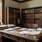 Cartório brasileiro com documentos de registro de imóvel sobre mesa de madeira