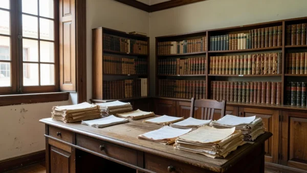 Cartório brasileiro com documentos de registro de imóvel sobre mesa de madeira