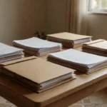 Documentos de imóvel organizados em pastas sobre mesa em ambiente residencial brasileiro