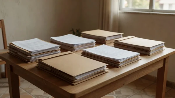 Documentos de imóvel organizados em pastas sobre mesa em ambiente residencial brasileiro