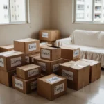 Caixas organizadas em apartamento alugado durante mudança sem estresse