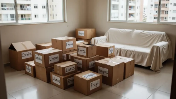 Caixas organizadas em apartamento alugado durante mudança sem estresse