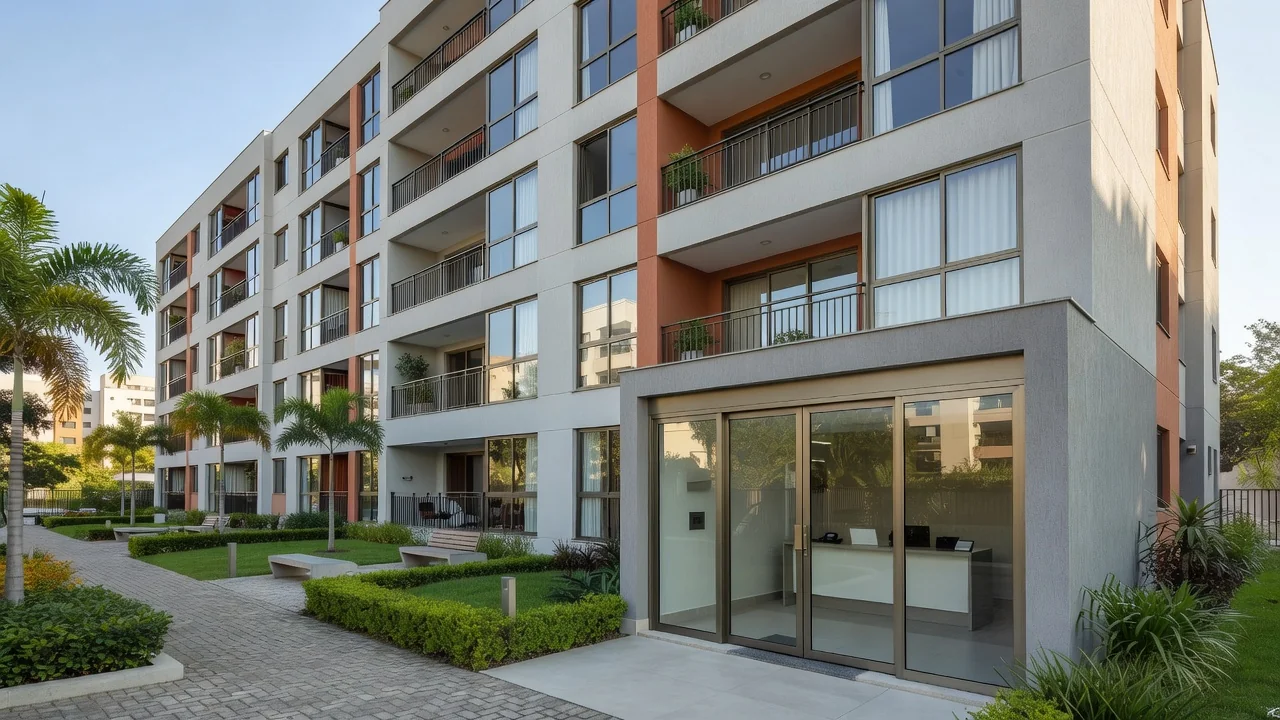 Fachada de edifício residencial brasileiro com entrada de condomínio