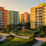 Condomínio residencial brasileiro com áreas verdes e prédios, representando harmonia entre vizinhos