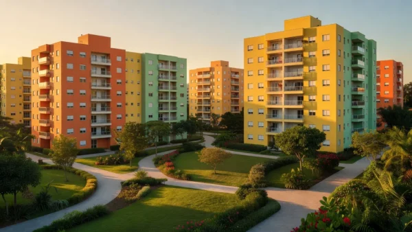 Condomínio residencial brasileiro com áreas verdes e prédios, representando harmonia entre vizinhos