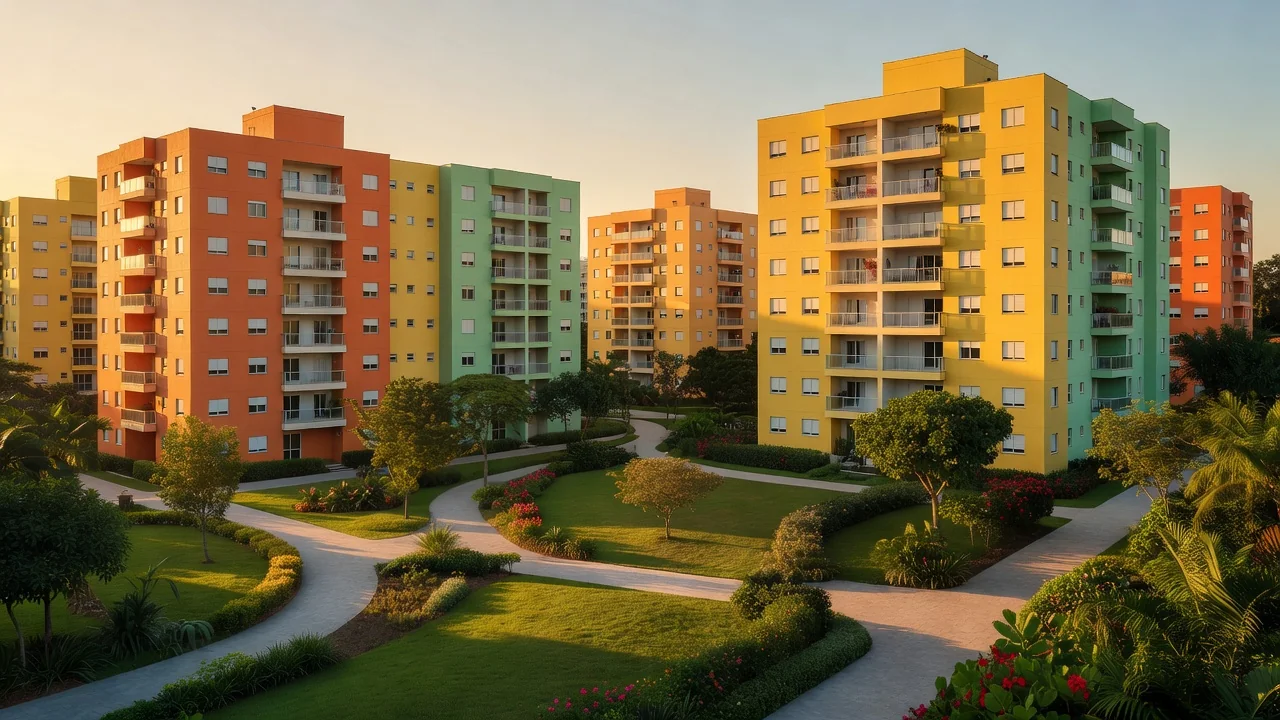 Condomínio residencial brasileiro com áreas verdes e prédios, representando harmonia entre vizinhos