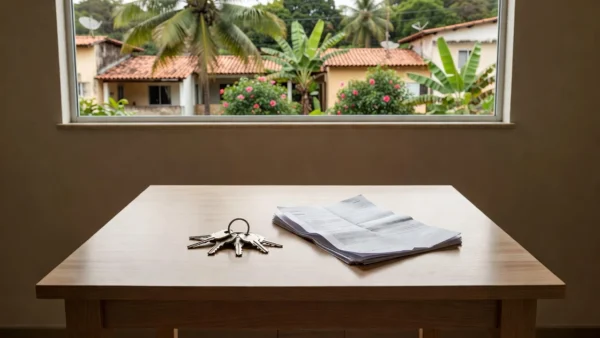 Chaves e documentos imobiliários sobre mesa em casa brasileira