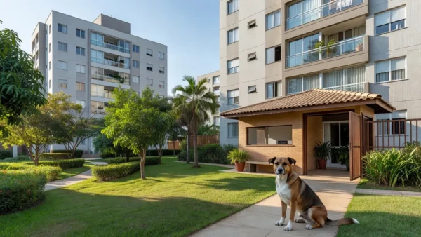 Condomínio residencial brasileiro com cachorro na área comum