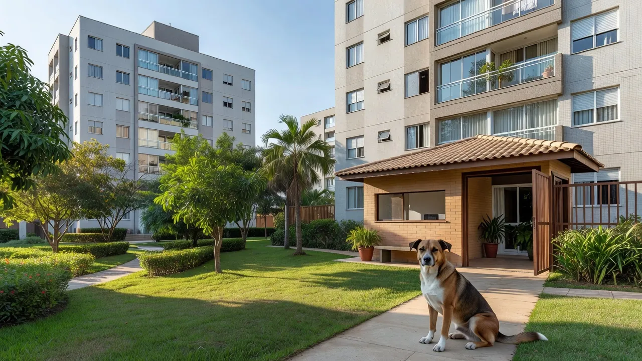 Condomínio residencial brasileiro com cachorro na área comum