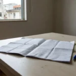 Contrato de aluguel aberto sobre mesa em apartamento brasileiro