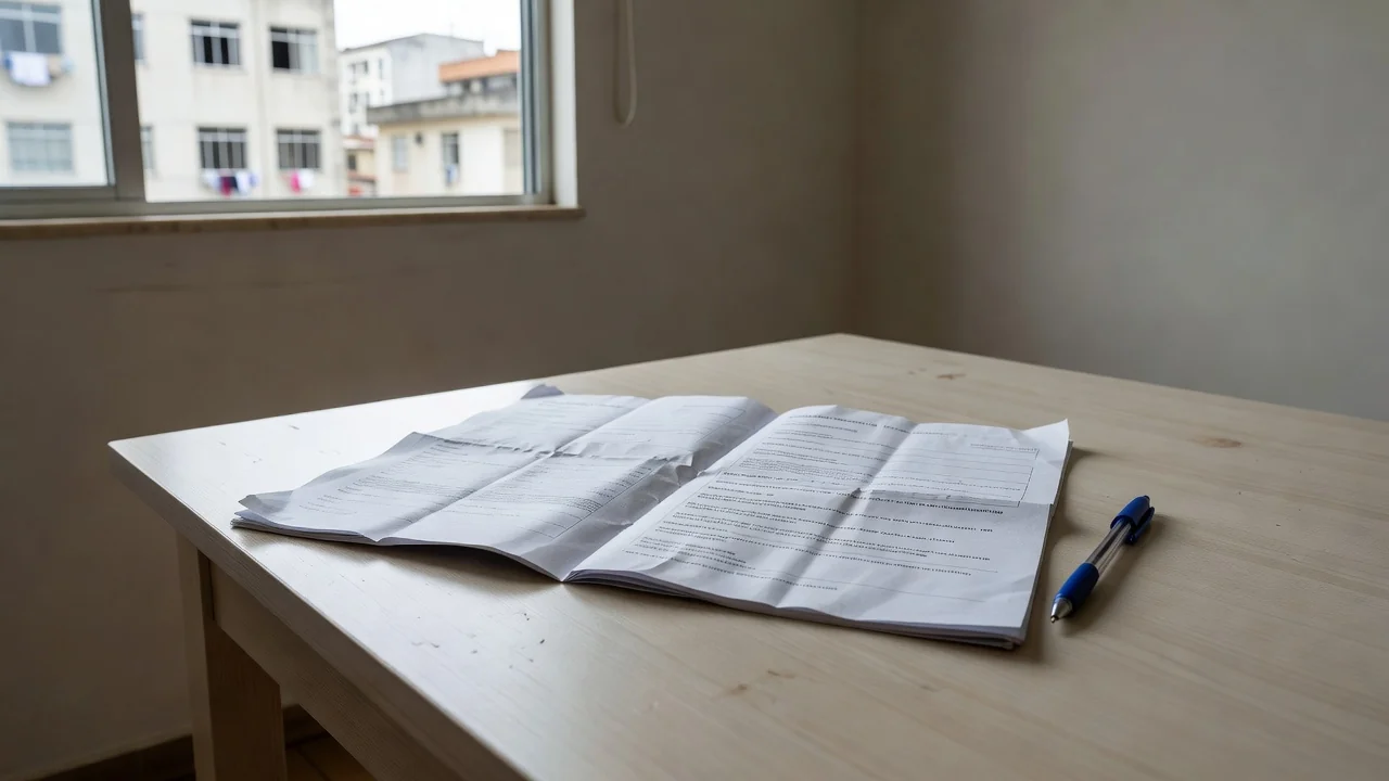 Contrato de aluguel aberto sobre mesa em apartamento brasileiro