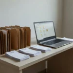 Mesa com pastas organizadas de comprovantes de aluguel em casa brasileira