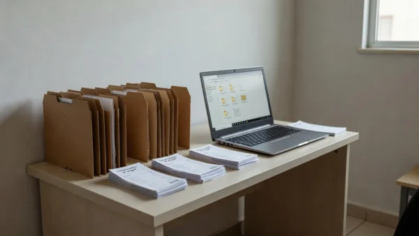 Mesa com pastas organizadas de comprovantes de aluguel em casa brasileira