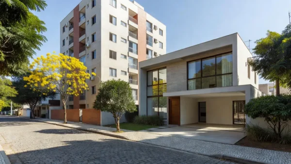 Casa e prédio de apartamentos em bairro residencial brasileiro para comparar custos de comprar ou alugar
