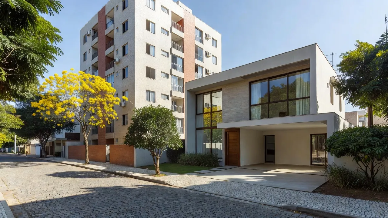 Casa e prédio de apartamentos em bairro residencial brasileiro para comparar custos de comprar ou alugar