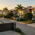 Entrada de condomínio residencial brasileiro moderno com casas e áreas verdes