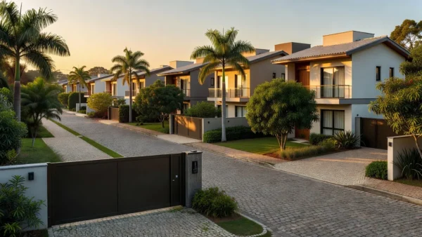 Entrada de condomínio residencial brasileiro moderno com casas e áreas verdes