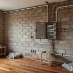 Instalação elétrica em reforma de casa brasileira com fios e quadro de distribuição