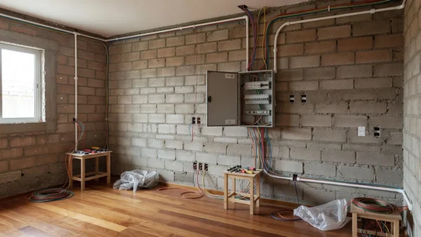 Instalação elétrica em reforma de casa brasileira com fios e quadro de distribuição