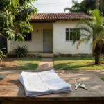 Casa residencial brasileira com documentos de imóvel simbolizando doação em vida