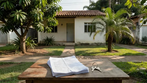 Casa residencial brasileira com documentos de imóvel simbolizando doação em vida