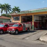 Estação do Corpo de Bombeiros com viaturas vermelhas no Brasil