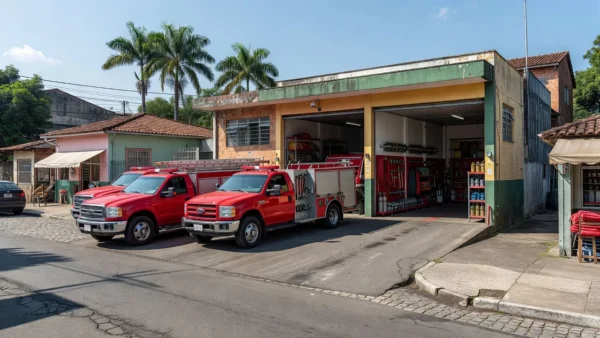 Estação do Corpo de Bombeiros com viaturas vermelhas no Brasil