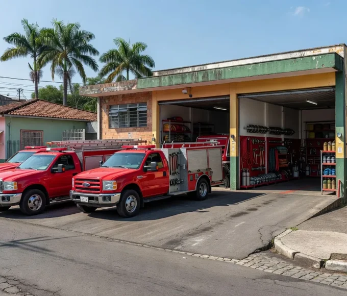 Estação do Corpo de Bombeiros com viaturas vermelhas no Brasil