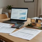 Documentos de financiamento imobiliário e calculadora sobre mesa em casa brasileira
