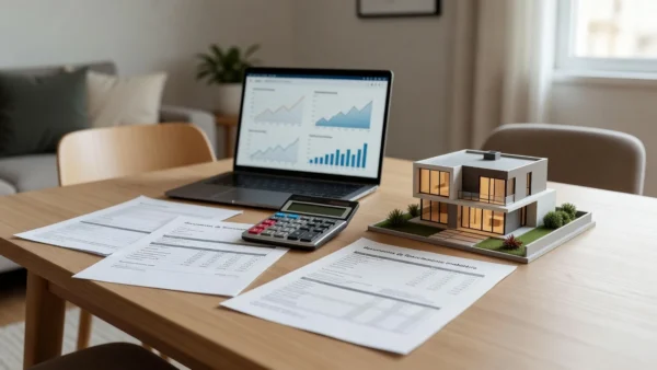 Documentos de financiamento imobiliário e calculadora sobre mesa em casa brasileira