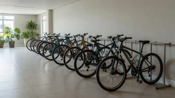 Bicicletário organizado em condomínio residencial brasileiro com bicicletas em racks