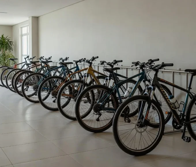 Bicicletário organizado em condomínio residencial brasileiro com bicicletas em racks