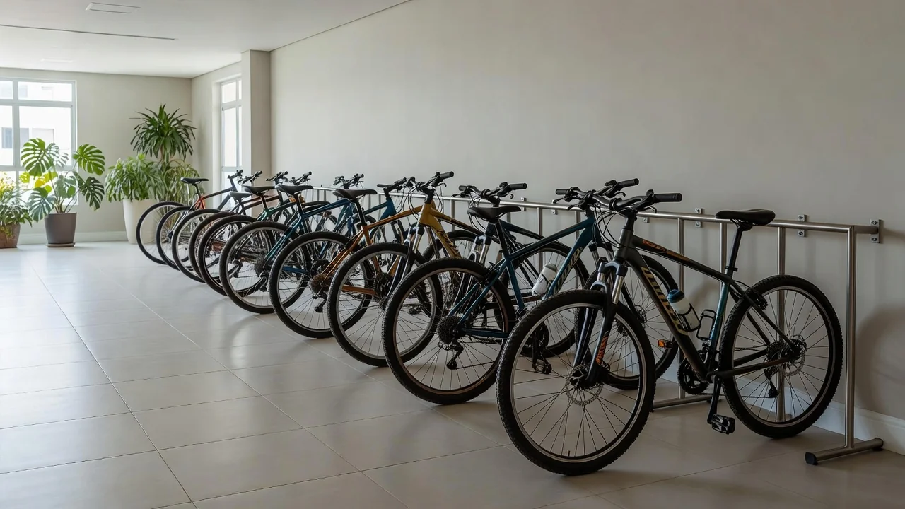 Bicicletário organizado em condomínio residencial brasileiro com bicicletas em racks