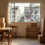 Mudança para primeiro apartamento com caixas e móveis em interior brasileiro