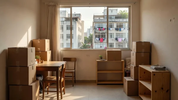 Mudança para primeiro apartamento com caixas e móveis em interior brasileiro
