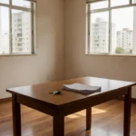 Apartamento vazio com mesa e chaves durante visita para negociar aluguel no Brasil