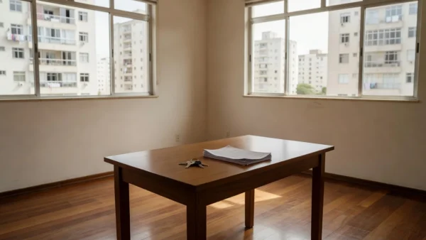 Apartamento vazio com mesa e chaves durante visita para negociar aluguel no Brasil