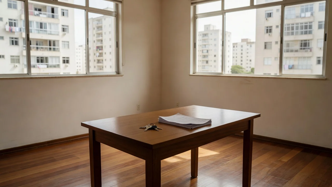 Apartamento vazio com mesa e chaves durante visita para negociar aluguel no Brasil