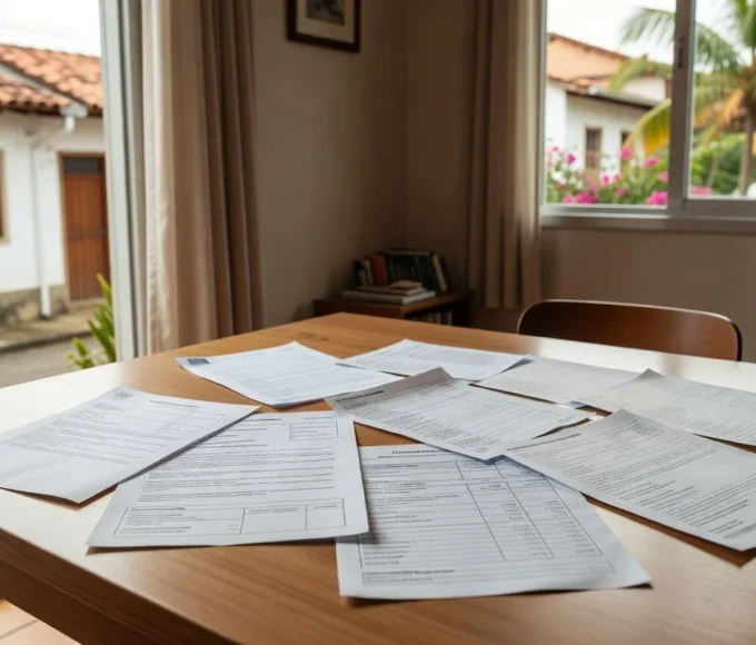 Documentos para portabilidade de financiamento em mesa de escritório brasileiro