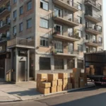 Caixas de mudança organizadas em frente a prédio residencial alto no Brasil