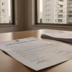 Certidão de quitação de condomínio sobre mesa em apartamento brasileiro