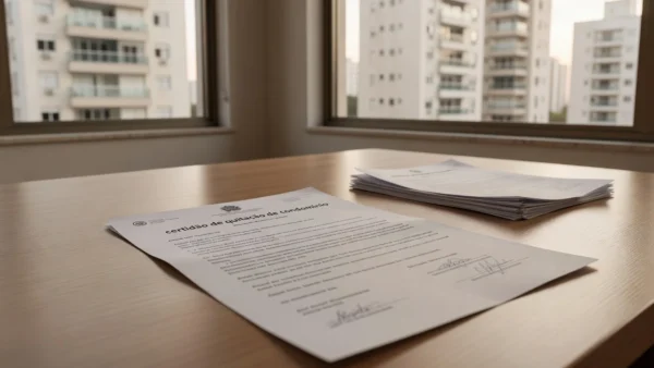 Certidão de quitação de condomínio sobre mesa em apartamento brasileiro