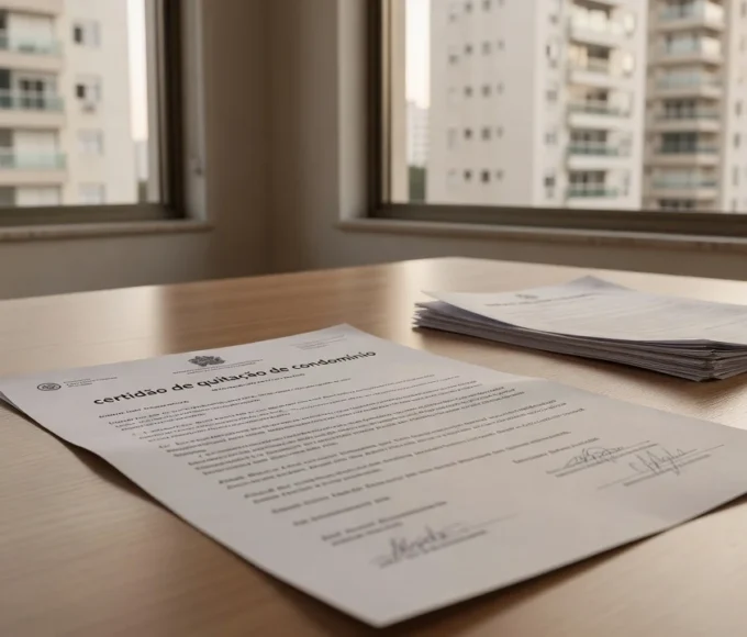 Certidão de quitação de condomínio sobre mesa em apartamento brasileiro