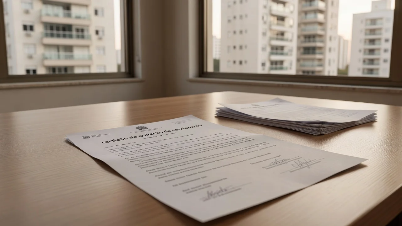 Certidão de quitação de condomínio sobre mesa em apartamento brasileiro