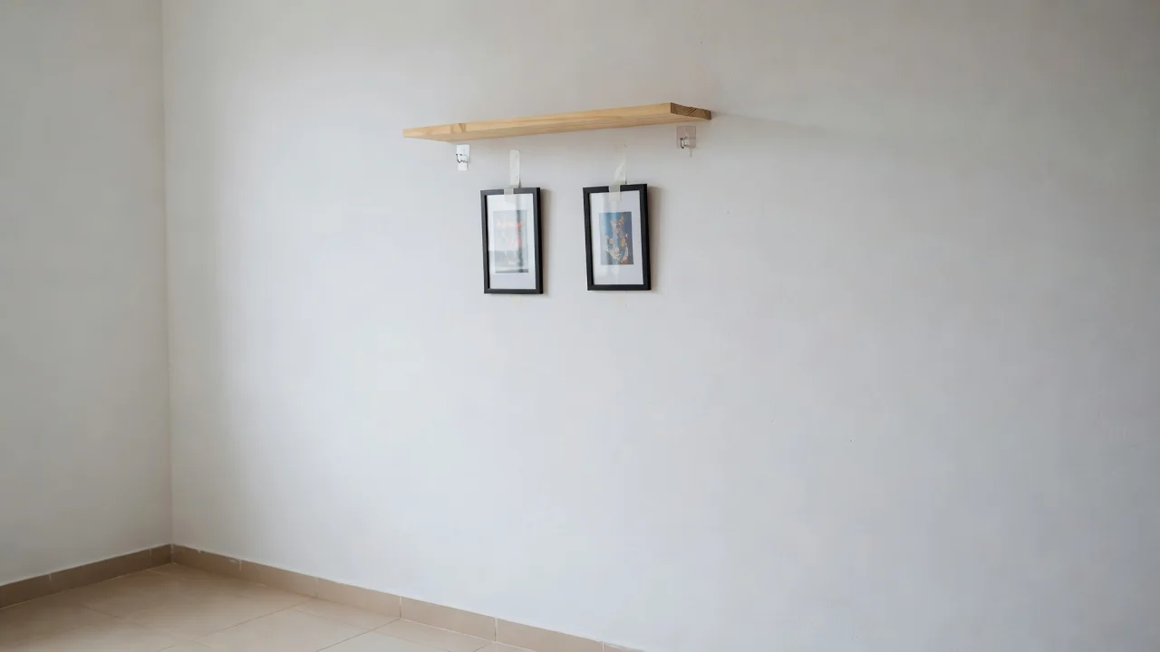 Prateleira e quadros pendurados em parede de apartamento alugado sem danificar a superfície