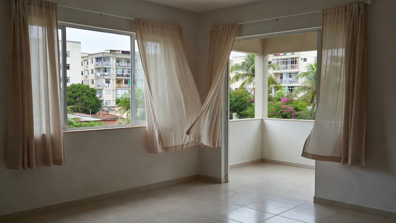 Janelas abertas em apartamento brasileiro para avaliar ventilação natural durante visita