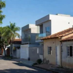 Bairro residencial brasileiro com imóveis novos e usados lado a lado